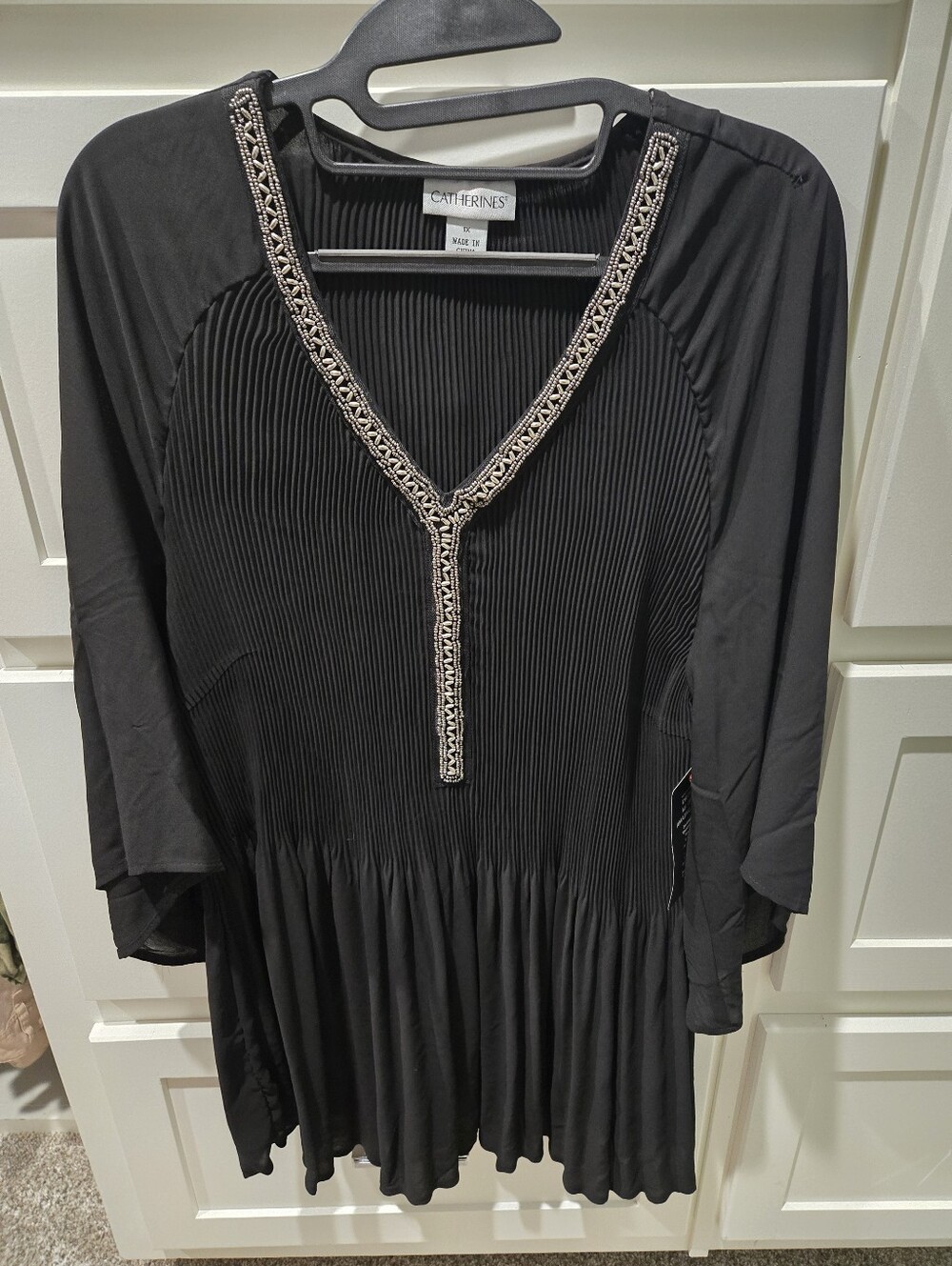 Catherines Black Pleated Tunic with Metallic Trim